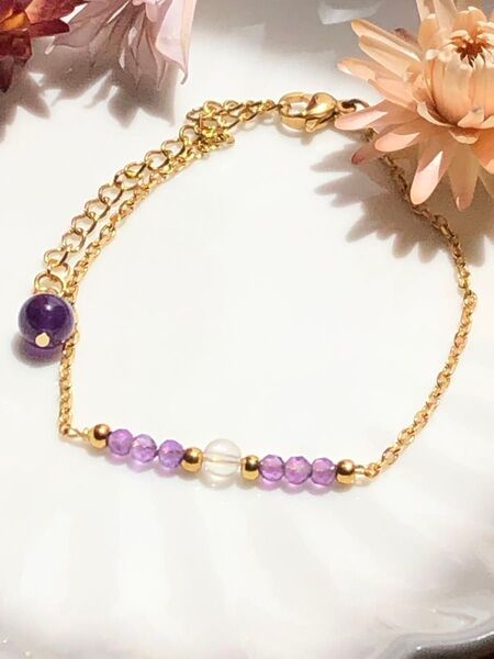 アメジスト◇水晶◇ 天然石ブレスレット◇ゴールドチェーン
