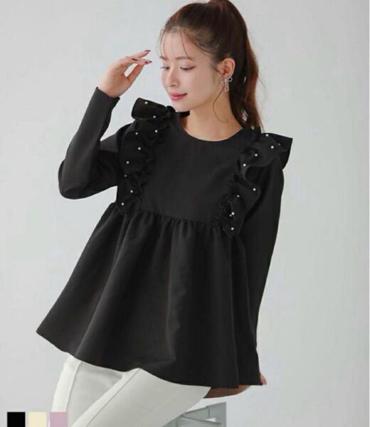 Fitmoreフィットモア ショルダーパールフリルペプラムトップス