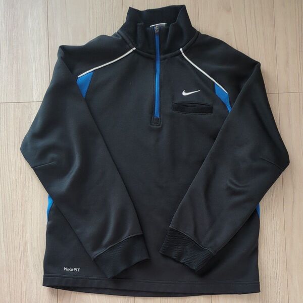 NIKE ハーフジップ トップス 黒 ブラック×ブルー スポーツウェア ジャージ s