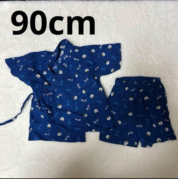 90cm 男の子 甚平 トンボ柄 半袖 半ズボン 上下セット 夏祭り うちわ