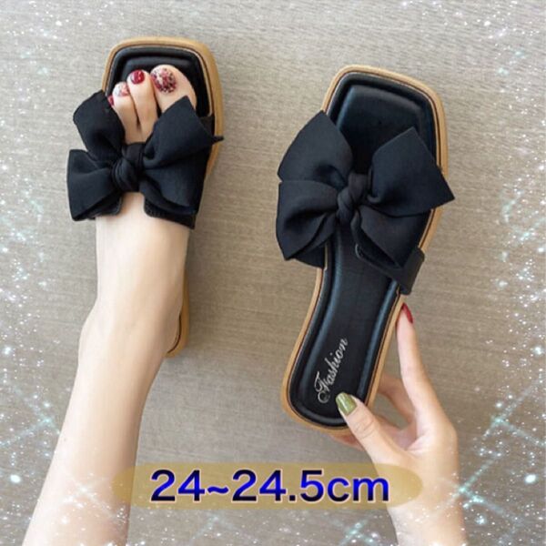24-24.5cm サンダル レディース リボン フラット底 可愛い おしゃれ つっかけ ぺたんこ ビーチサンダル 黒