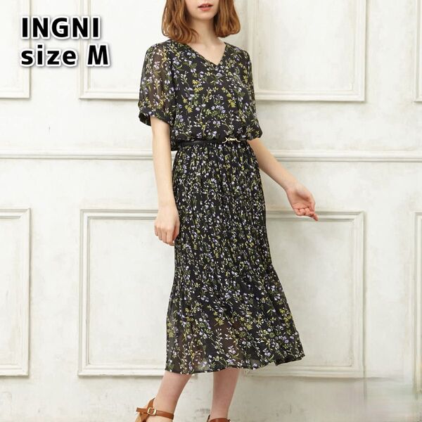 INGNI シフォンプリーツワンピース 花柄 半袖 ブラック Mサイズ ベルトなし