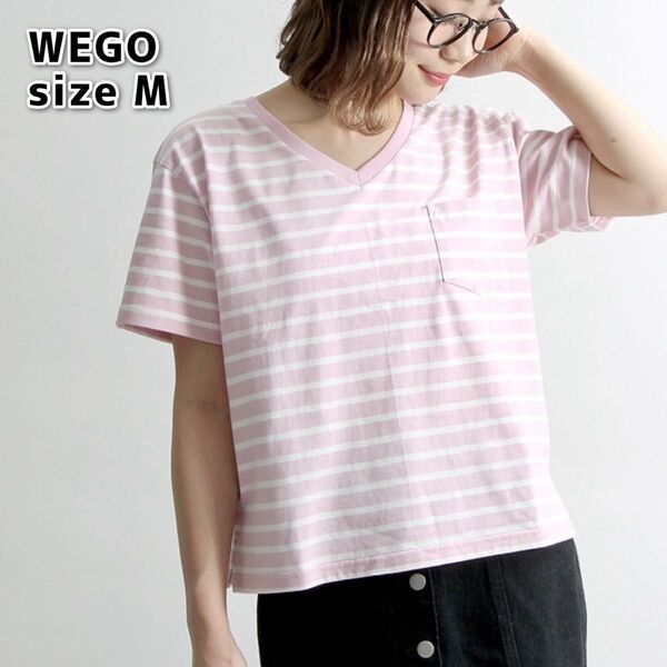 WEGO USAコットン VネックTシャツ 半袖 短丈 ピンク ボーダー Mサイズ