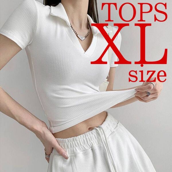 リブ素材 トップス 半袖 ミニT スリムTシャツ 韓国オンニ ワンホン 白 ホワイト XLサイズ