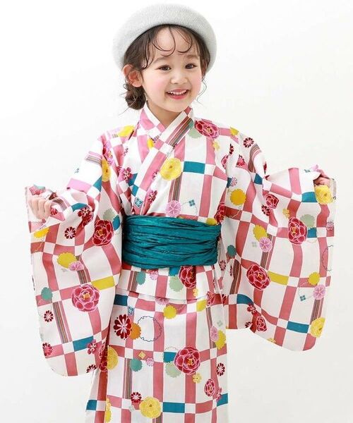 浴衣 格子柄 花柄 ピンク キッズ 着付けかんたん 兵児帯付き浴衣 子供服 キッズ ベビー服 女の子 浴衣 デビロック