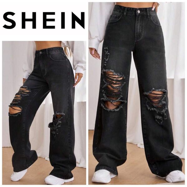 SHEIN ダメージワイドレッグジーンズ ハイウエスト ブラック