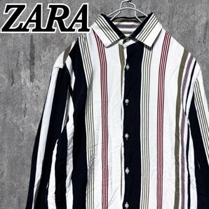 【美品】ZARA ザラ ストライプ 長袖シャツ スリムフィット レーヨン
