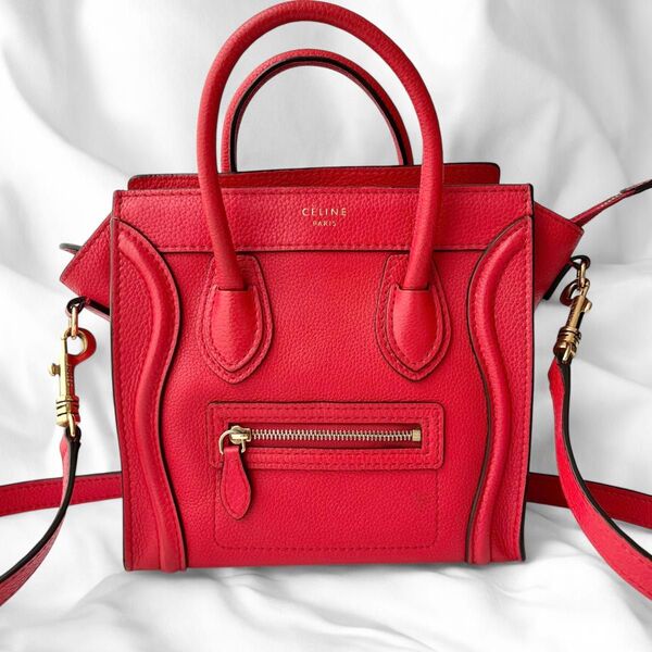 美品 セリーヌ ラゲージ ナノショッパー ショルダーバッグ ハンドバッグ レッド 2WAY CELINE