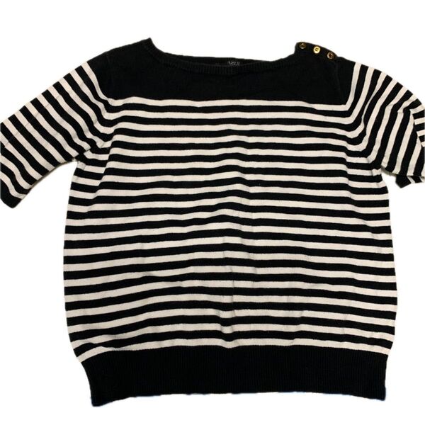 AZUL by moussy ボーダー柄ニット 五分袖 ブラック×ホワイト サマーセーター
