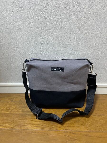 ハンドメイド ショルダーバッグ 大 帆布ツートン
