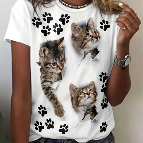 【新品】猫柄 アニマル 3Dプリント 動物 足跡 Tシャツ 半袖 夏服 Lサイズ ホワイト
