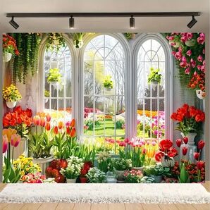 【新品】 窓から見える花畑タペストリー 背景布 花柄 春 チューリップ 99.06×149.86