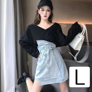 【数量限定】 カットソー 黒 レディース 長袖 コットン L 韓国 シンプル