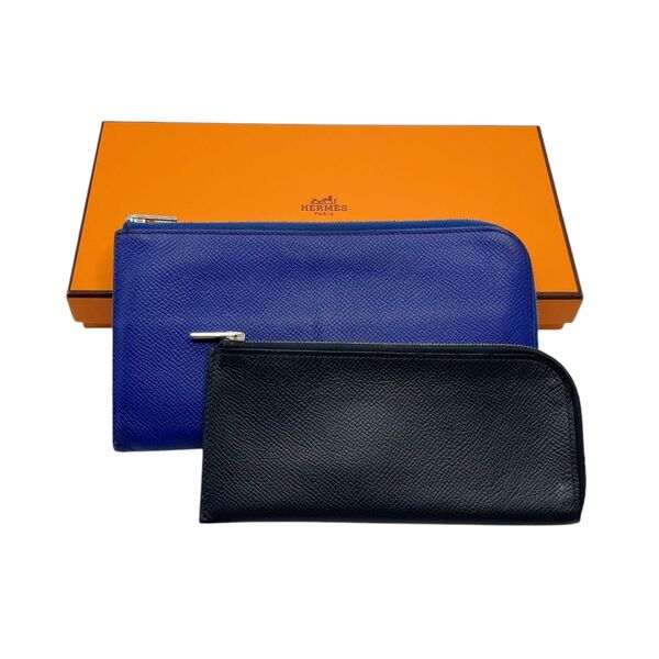 エルメス HERMES リミックス コンバイン ポーチ 長財布 L字ファスナー レザー ブルー