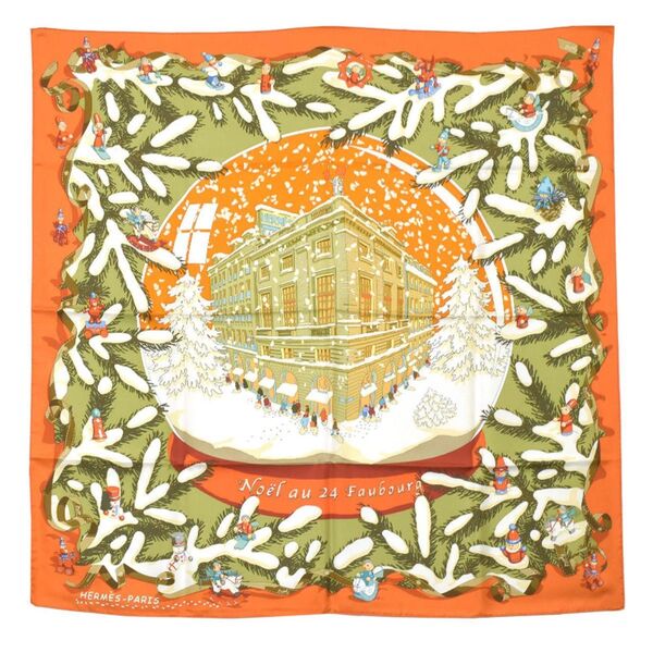 エルメス HERMES カレ90 フォーブル24番地のクリスマス Noel au 24 Faubourg スカーフ オレンジ