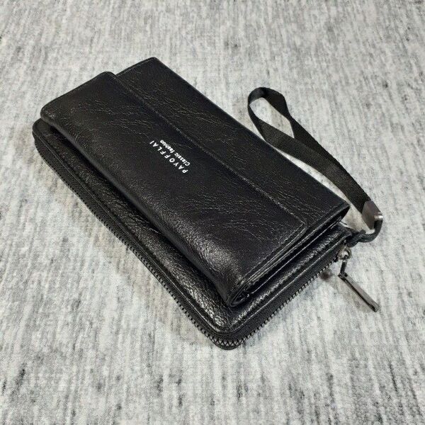 【新品】 おすすめ シンプル おしゃれ 大容量 メンズウォレット スマホ収納 ジッパー ストラップ付き 長財布 ブラック 黒