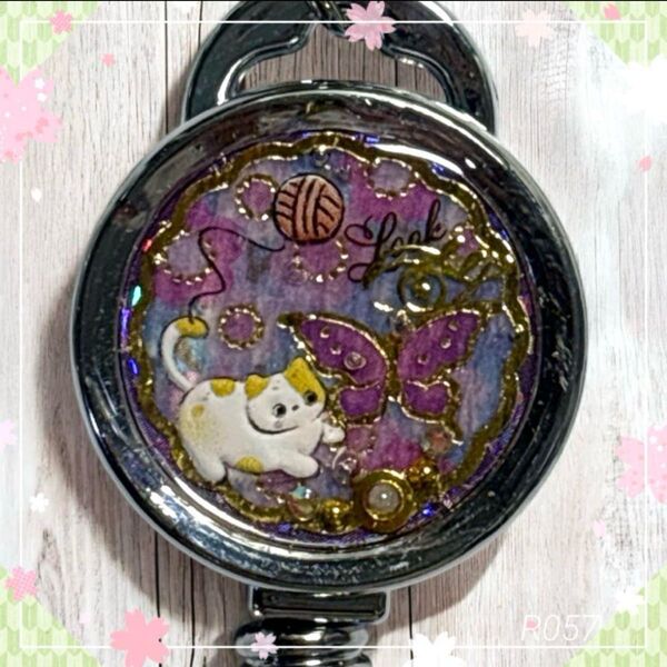 リールキーホルダー 皮風リールストラップ付き【R057】ねこ ピンク