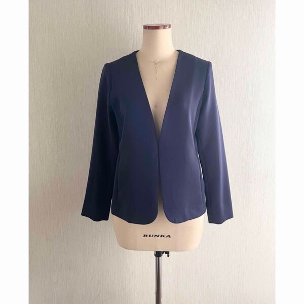 StyleNote スタイルノート ベルメゾン ストレッチ ダブルクロス ソフト ジャケット ノーカラー 洗える 紺 ネイビー M