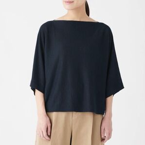 無印 無印良品 MUJI フレンチリネン 麻 ドルマンスリーブ セーター 7分袖 サマー ニット ネイビー 紺 M-L 洗える