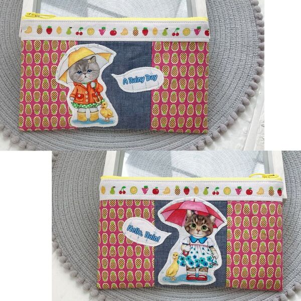 【両A面ポーチ】パイナップル柄/ピンク/横長 マチ無し スリム/ハンドメイド
