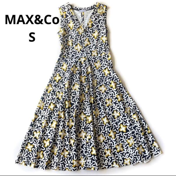 【美品】マックスアンドコー ロングワンピース フレア 総柄 花柄 Vネック S ノースリーブ 花柄 ロング ノースリーブワンピース