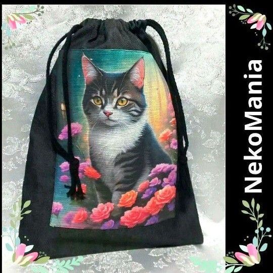 2130 デニム風巾着袋 パネル生地ハンドメイド(黒)