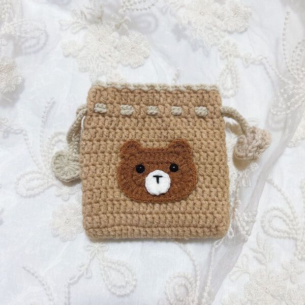 【ハンドメイド】かぎ編み ポーチ クマ 茶色 カーキ 編み物 ミニポーチ 巾着袋