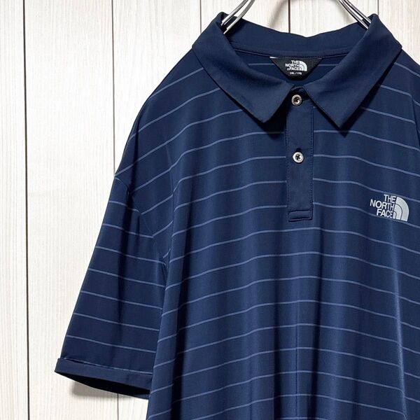 美品 ノースフェイス ストライプ ポロシャツ 半袖 シャツ メンズ 3XL ネイビー