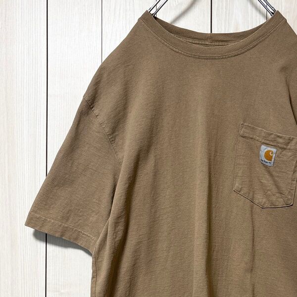 美品 Carhartt カーハート Tシャツ 半袖 シャツ 胸ポケット ワンポイント メンズ L ライトブラウン