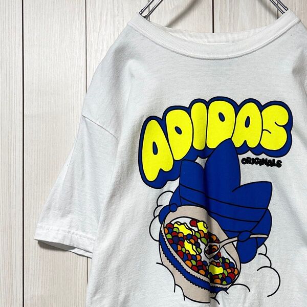 美品 アディダス オリジナルス adidas Tシャツ 半袖 シャツ フロントデザイン 首ロゴ メンズ M ホワイト