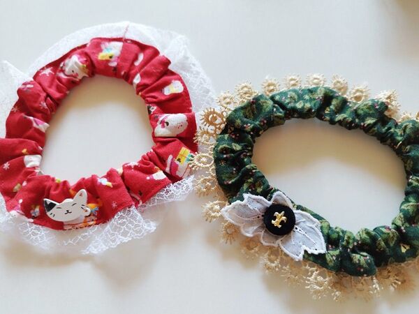 ペットシュシュ ハンドメイド フォト用 クリスマスプリント2個セット レッド×グリーン S~M