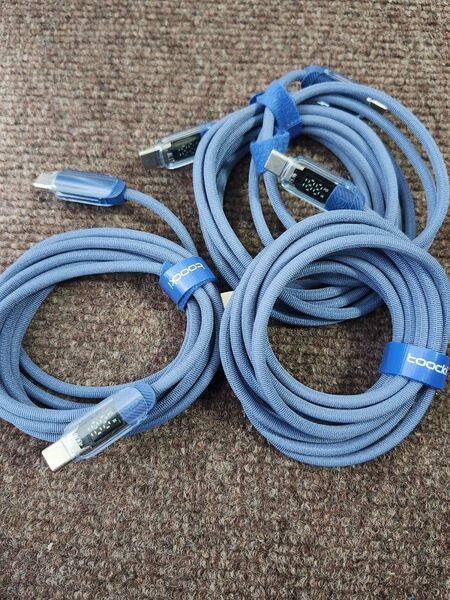 ほぼ未使用 toocki USB type-c ケーブル 青色 3本 2m PD60W ディスプレイ付き 出力表示