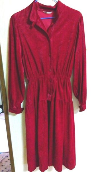 ベルベット 赤 ワンピース M-L レトロ 長袖 ロング