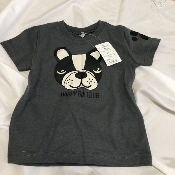タグ付き tシャツ 半袖 トップス カットソー 子ども キッズ 80 90 春 夏 秋 グレー 灰色 黒系 ブラック 犬 プリント