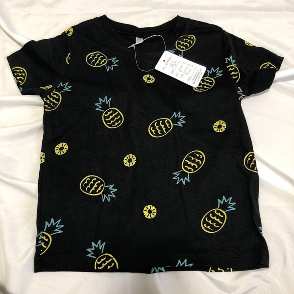tシャツ 半袖 カットソー ブラック 黒 80 90 95 春 夏 秋 プリント パイナップル 総柄 子ども キッズ タグ付き
