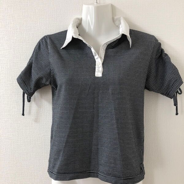 tシャツ カットソー 千鳥格子 白 黒 ブラック リボン スリット オフィス 春 夏 秋 半袖 半袖tシャツ デザイン シンプル