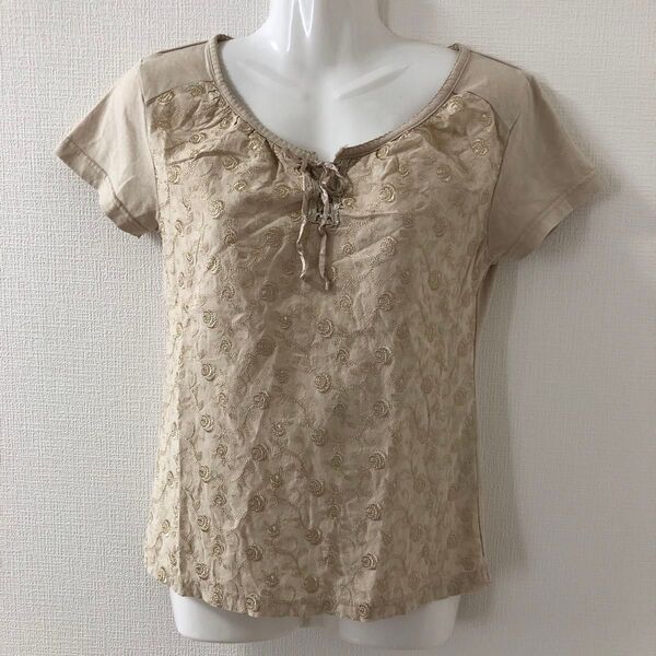 tシャツ 半袖 半袖tシャツ カットソー チュニック おしゃれ M クリーム アイボリー ベージュ 刺繍 リボン レースアップ 夏