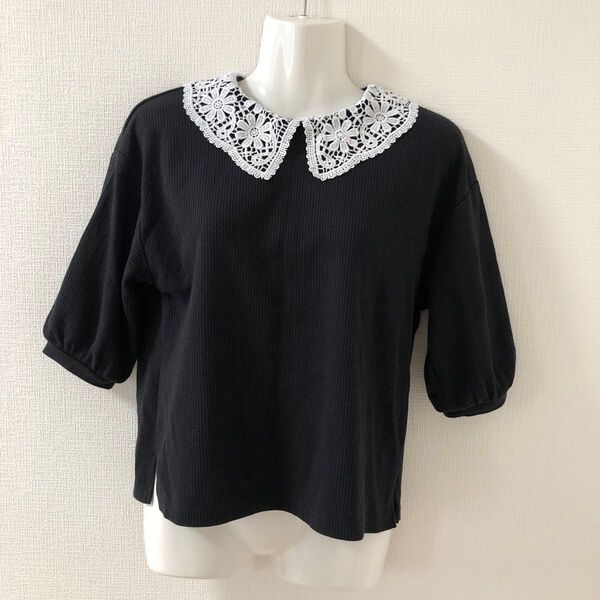 カットソー ブラウス チュニック tシャツ トップス 五分丈 五部袖 襟 花柄 刺繍 シンプル モノトーン 春 秋 冬 ワッフル