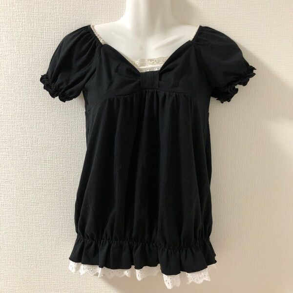 半袖 Tシャツ 半袖Tシャツ ブラウス カットソー チュニック 黒 ブラック パフスリーブ レース フリル 重ね着風 160