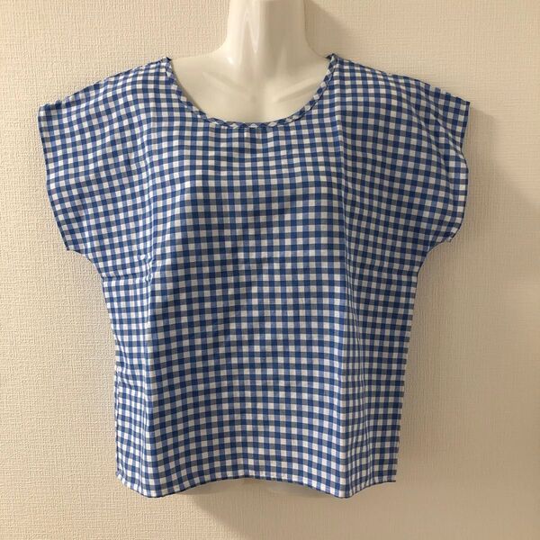 トップス カットソー ブラウス チュニック ギンガムチェック 水色 綿 フレンチスリーブ 春 夏 秋 Tシャツ 半袖 半袖 シャツ