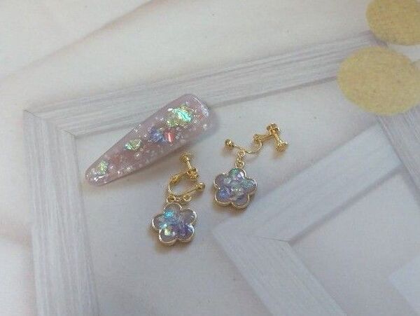 ☆イヤリング&ヘアクリップ☆2点セット☆レジン☆パープル系☆ハンドメイド