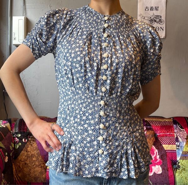 @ ポロ ラルフローレン polo Ralph Lauren 花柄 ブラウス 青 白 シャツ トップス 半袖 可愛い