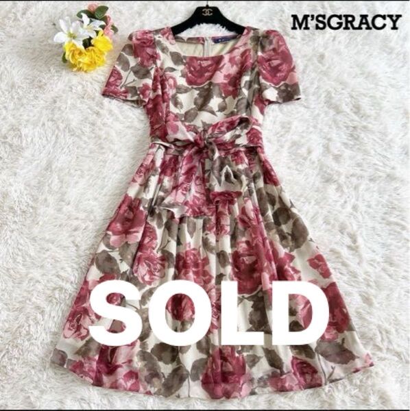 美品 M'S GRACY ローズ柄ワンピース ピンク美品 エムズグレイシー ワンピース