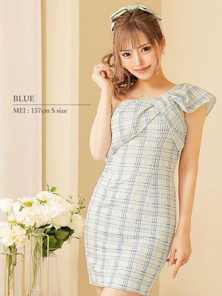 リボンワンショルダーチェック柄タイトミニドレス XS ブルー AngelR