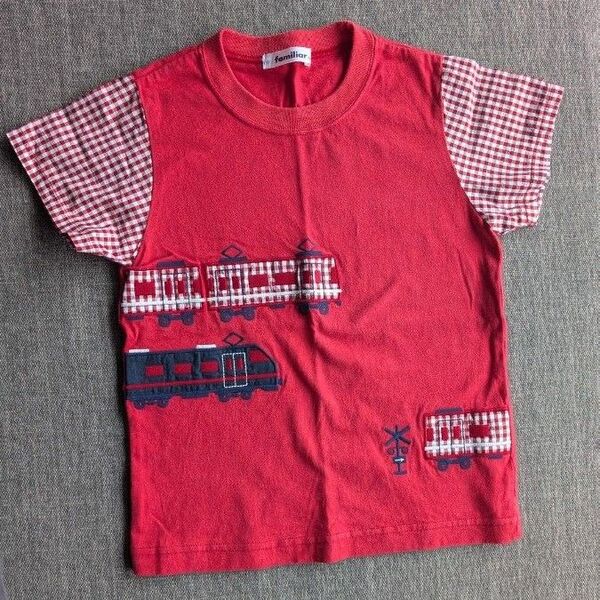 familiar ファミリア 120cm シャツ Tシャツ 電車 日本製 赤 刺繍 ワッペン 踏切 チェック 列車 汽車