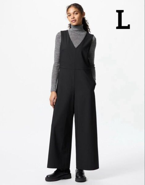 新品・タグ付き ユニクロ UNIQLO ジャンプスーツ サロペット Lサイズ 黒 ブラック オールインワン Vネック