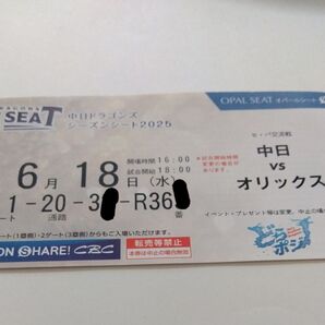 中日vsオリックス OPALシート 6/18 1塁側内野席チケット1枚