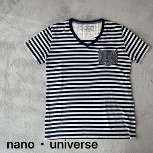 ナノユニバース ボーダー Vネック Tシャツ カットソー M 半袖