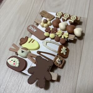 ブラウン ハート クマちゃん ハンドメイド リボン リボンモチーフ ヘアピン12個セット 茶色 推し活 パール チュール レース
