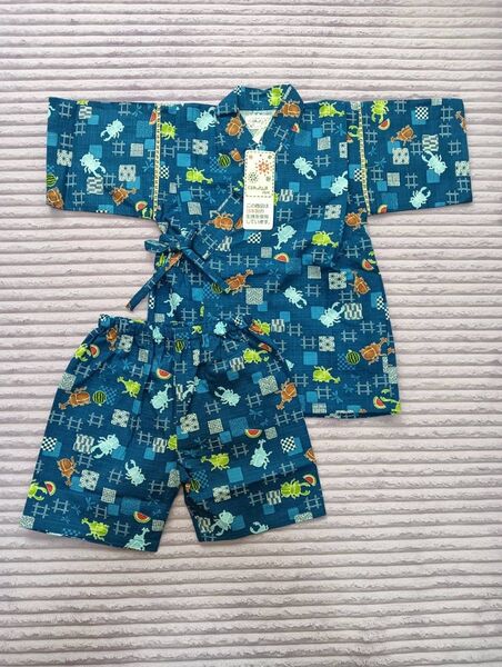 サイズ110cm 甚平 昆虫柄 かぶと虫 ブルー キッズ 男児 夏祭り 盆踊り 新品 未使用品
